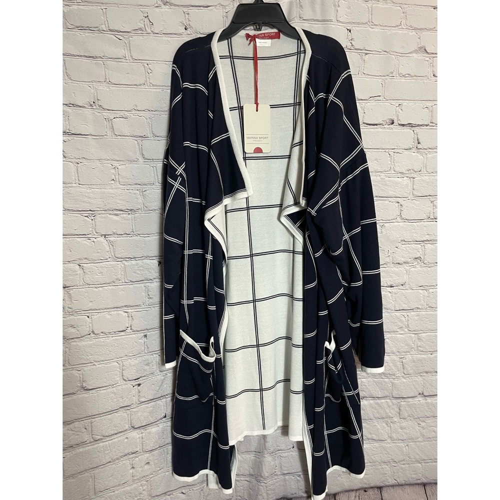 NWT New Marina Rinaldi Windowpane Blue White Cardigan Size XL